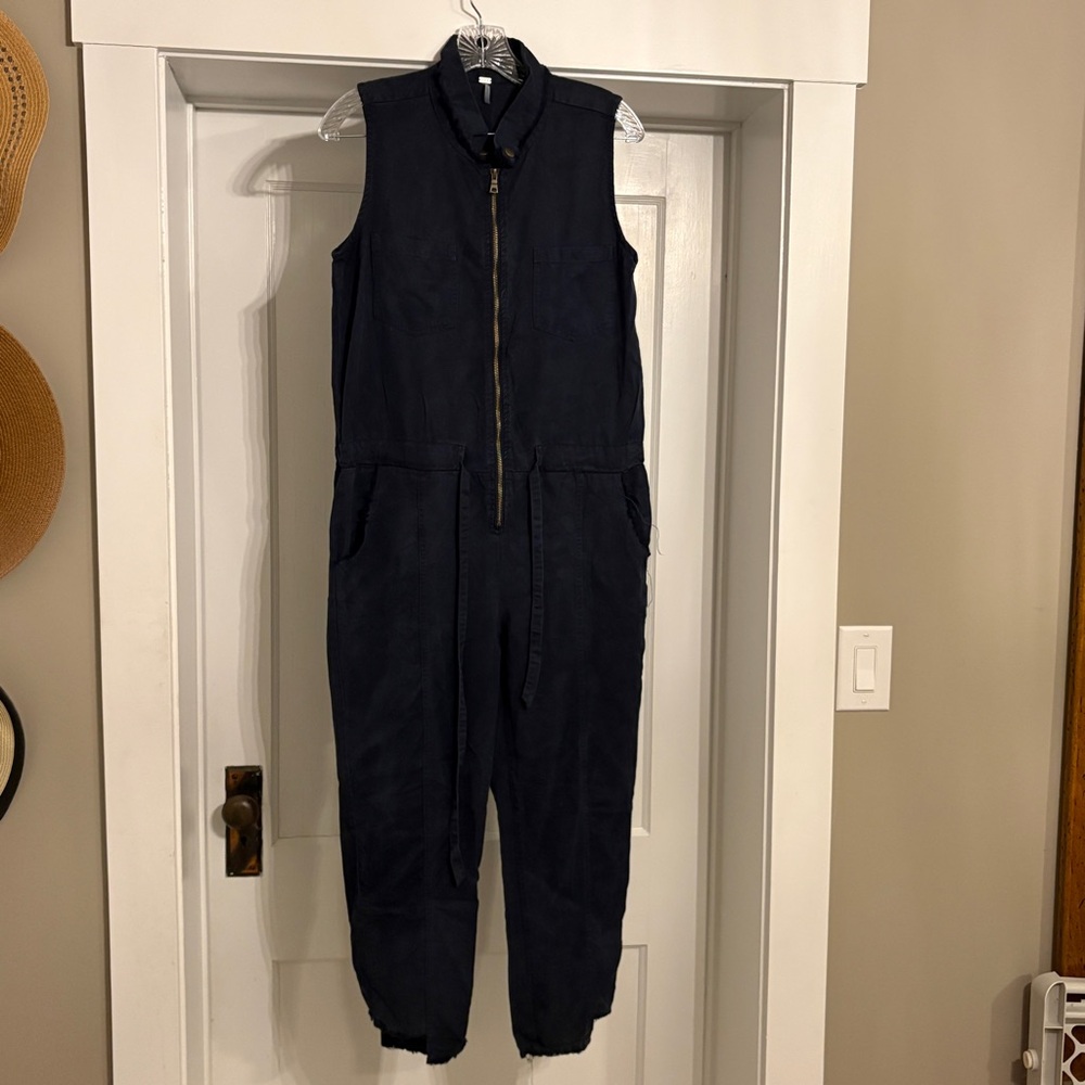 Young Fabulous & Broke Dark Blue Zip-Front Jumpsuit Sleeveless Pockets Collar S